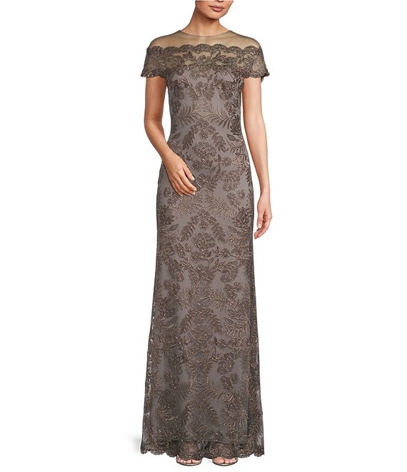 Color:Dark Pearl - Image 1 - Lace Illusion Off-the-Shoulder Cap Sleeve Gown