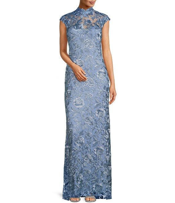 Color:Slate - Image 1 - Floral Lace Print Cap Sleeve Mock Neck Mermaid Gown