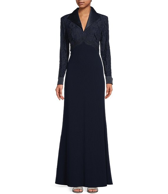 Color:Navy - Image 1 - Long Sleeve Lace Bodice Crepe Skirt Gown