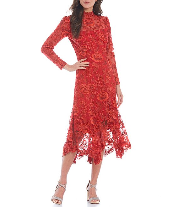 Color:Ruby Red - Image 1 - Long Sleeve Mock Neck Handkerchief Hem Lace Midi Dress