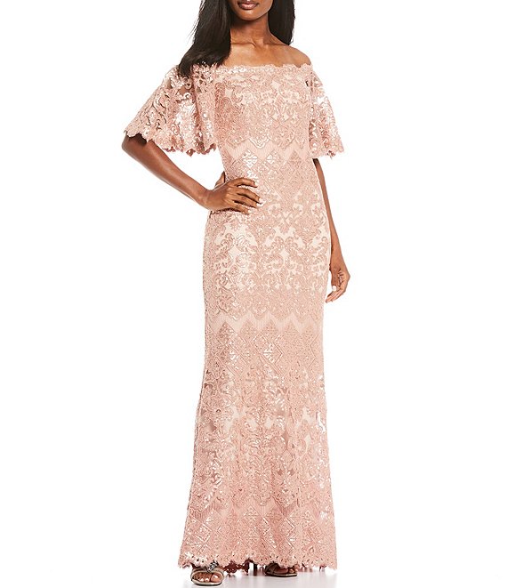 Tadashi Shoji Plus Size 3/4 Sleeve Off-The-Shoulder Neck Sequin Lace Long  Gown | Dillard's