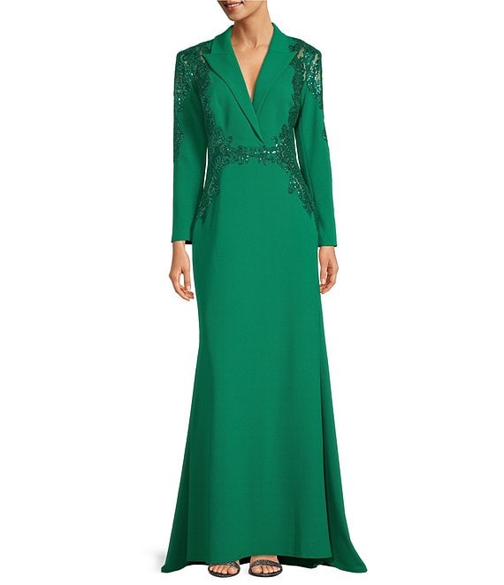 Color:Pine/Nude - Image 1 - Sequin Embellished Collared Long Sleeve Gown