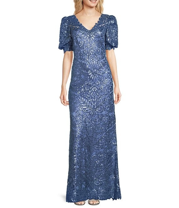 Color:Cadet Blue - Image 1 - Sequin Lace V-Neck Short Puffed Sleeve Gown
