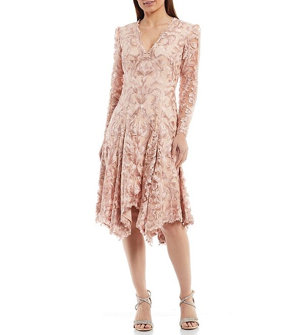 Tadashi Shoji V-Neck Long Sleeve Lace Asymmetrical Hem Midi Dress