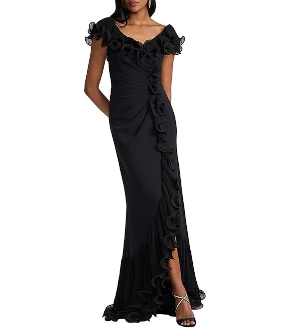 TADASHI SHOJI チュール シャーリング ドレス ブラック Tadashi Shoji V-Neck Ruffle Front Crepe Gown | Dillard's