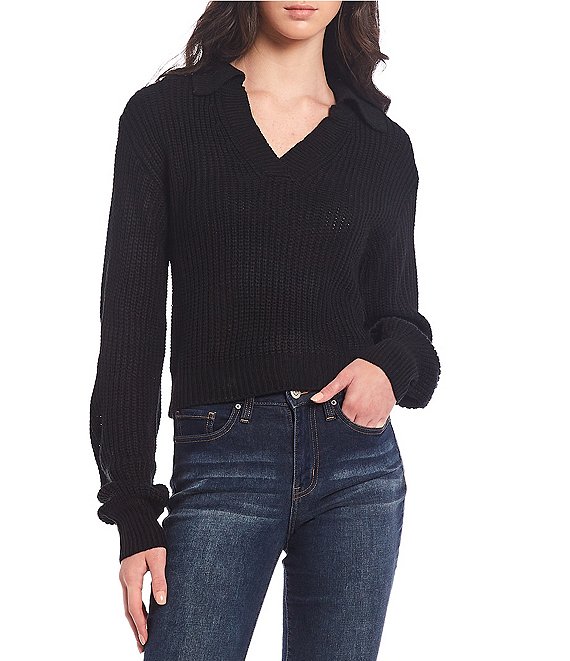 Color:Black - Image 1 - Cropped V-Neck Collared Sweater