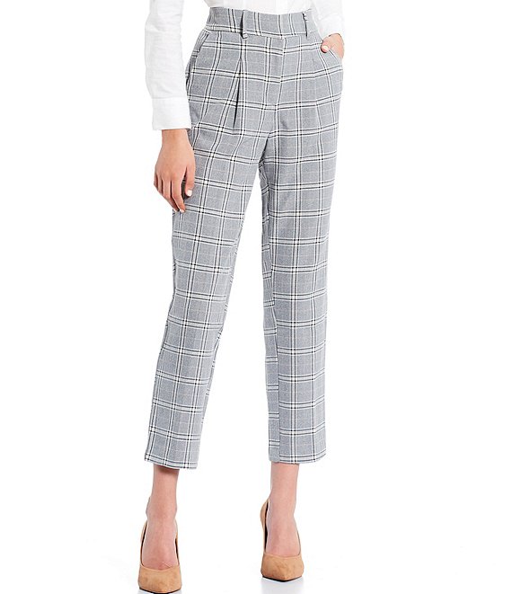 Color:Grey - Image 1 - High Rise Checked Plaid Print Pants