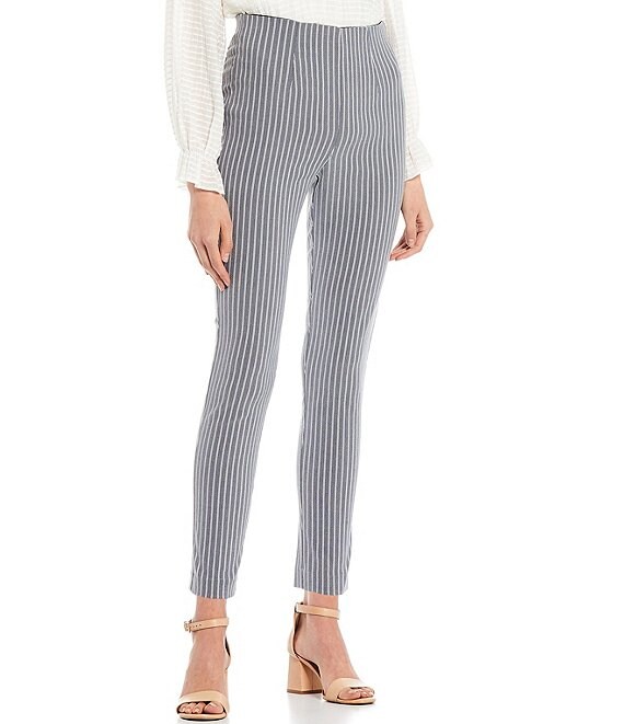Color:Navy - Image 1 - High-Waisted Stripe Printed Pull-On Skinny Pants