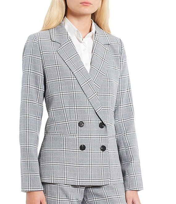 Color:Grey - Image 1 - Notch Collar Long Sleeve Plaid Blazer Jacket