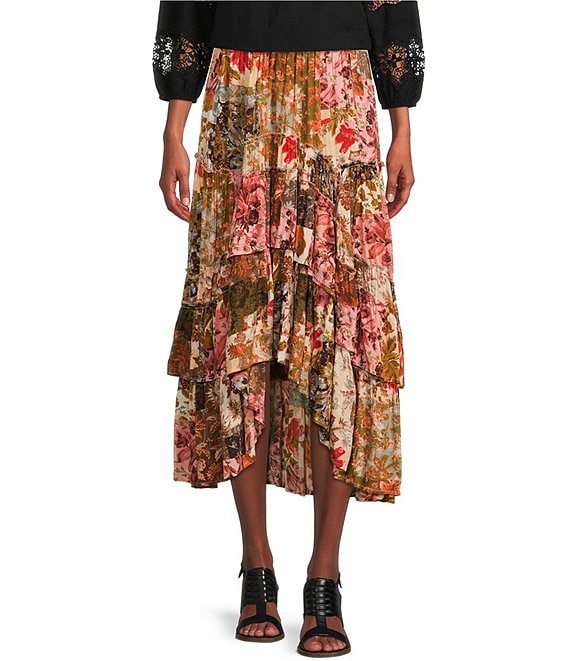 Talisman Sassy Floral Patchwork Print High-Low Tiered Ruffled Hem Skirt ...