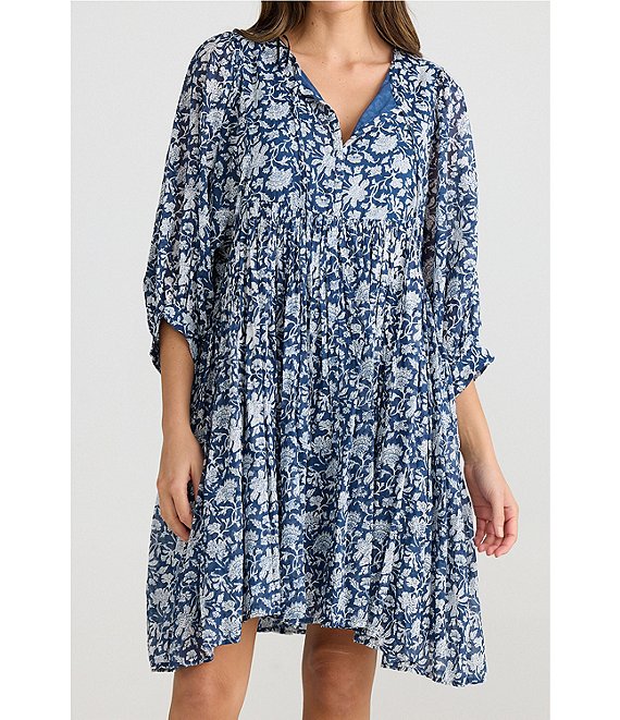 Talisman Wisteria A-Line Split V-Neck 3/4 Sleeve Moon River Print Dress ...