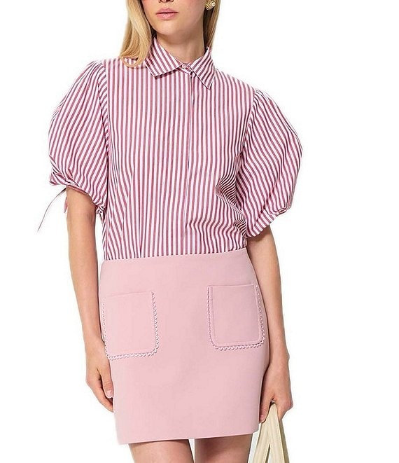 Tara Jarmon Caly Striped Point Collar Short Sleeve Button Front Blouse
