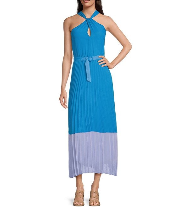Taylor Color Block Keyhole Halter Neck Sleeveless Belted Pleated Dress ...