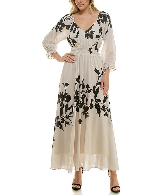 Just Taylor Floral Metallic Chiffon Long Sleeve Smocked V-Neck Midi Dress NWT, S outlet