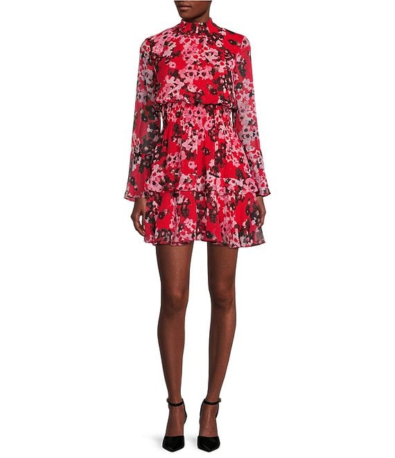 Taylor Floral Print Mock Neck Long Sleeve Double Tiered Mini Dress ...