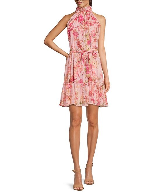 Taylor Floral Print Halter Mock Neck A-Line Dress | Dillard's
