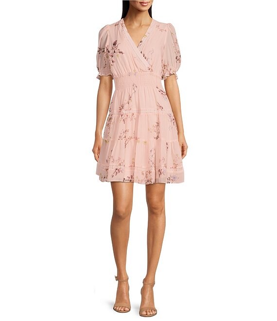 Color:Sand Pink Blossom - Image 1 - Floral Print V-Neckline Short Sleeve Tiered Dress