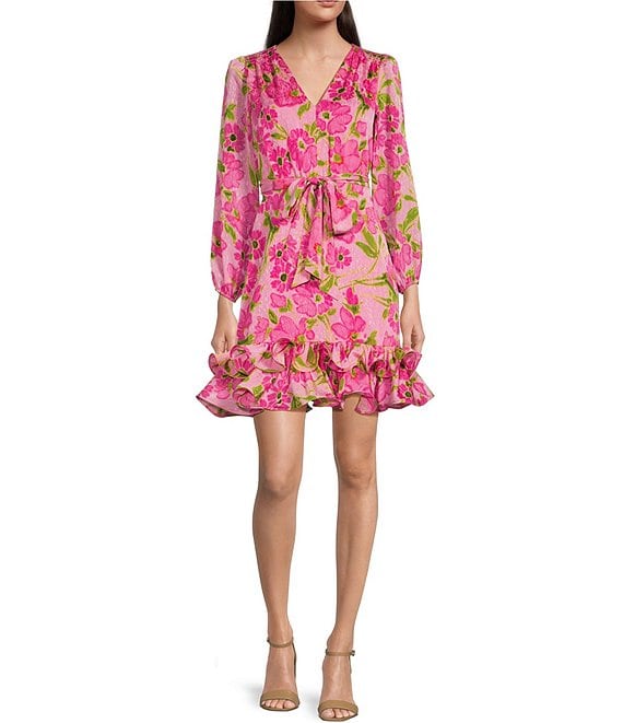 Taylor Floral V-Neck Long Sleeve Tiered Ruffle Hem Dress | Dillard's