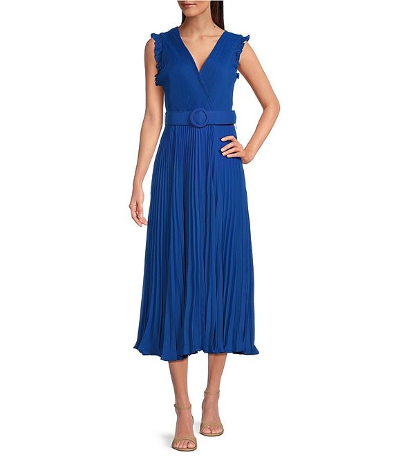 Taylor Pleated Surplice V Neckline Sleeveless Belted Midi Dress | Dillard's