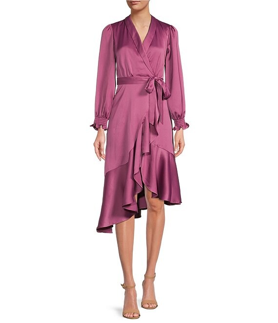 Color:Mulberry - Image 1 - Satin Lapel Collar Surplice V-Neck Long Sleeve Tie Waist Faux Wrap Asymmetrical Hem Midi Dress