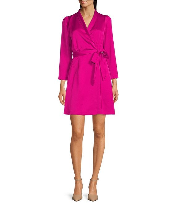Color:Brazen Berry - Image 1 - Satin Long Sleeve Faux Wrap Short Dress