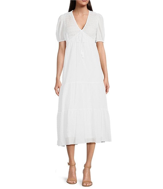 Taylor V-Neck Short Sleeve Smocked Bodice A-Line Maxi Dress | Dillard's