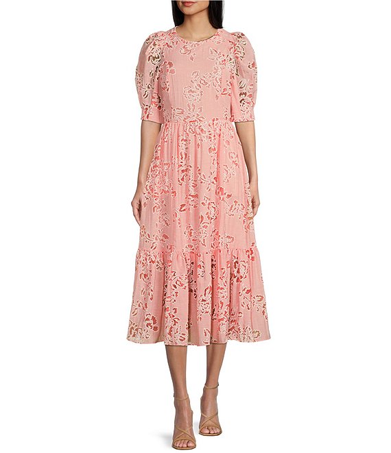 Color:Coral - Image 1 - Esthher Floral Print Short Puffed Sleeve A-Line Tiered Midi Dress