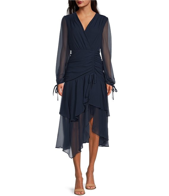 Color:Dark Blue - Image 1 - Kiali V-Neck Long Sleeve Tiered Midi Dress