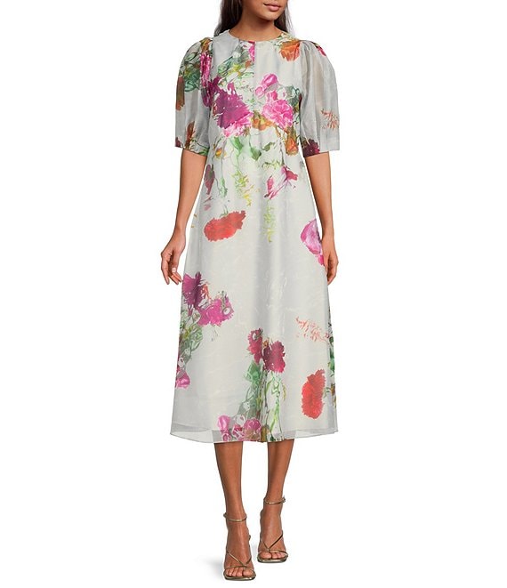 Color:White - Image 1 - Mekayla Floral Print Short Puffed Sleeve Midi Dress