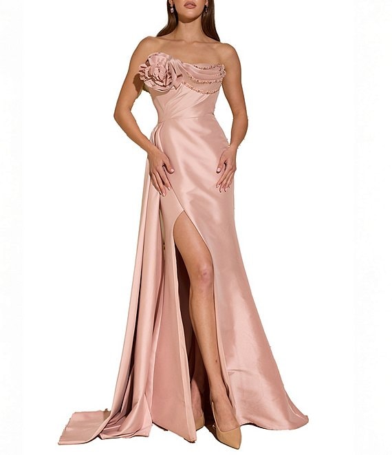 Terani Couture 3D Floral Strapless Stretch Mikado Drape Front Sheath Gown
