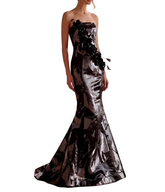 Terani Couture 3D Flower Strapless Long Dress