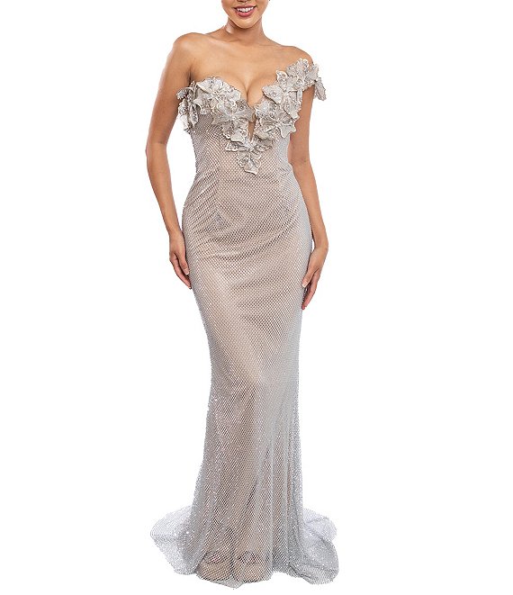 Terani Couture Beaded 3-D Flower One Shoulder Mermaid Gown | Dillard's