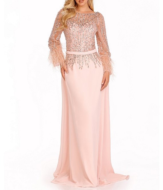 Color:Blush - Image 1 - Beaded Boat Neck 3/4 Feather Cuff Sleeve A-Line Gown