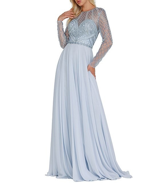 Terani Couture Beaded Illusion Jewel Neck Long Sleeve A-Line Gown ...