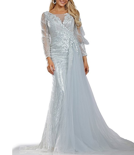 Terani Couture Beaded Long Sleeve Illusion V-Neck Front Tulle