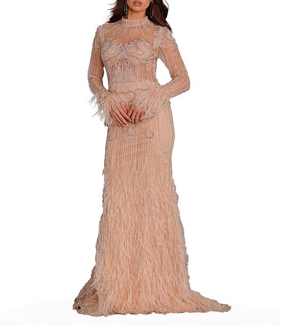 Terani Couture Beaded Mock Neck Long Sleeve Feather Embellished Gown ...