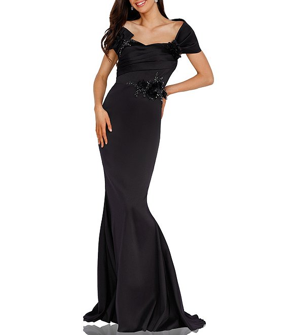 Terani Couture Beaded Off-the-Shoulder Cap Sleeve Back Detail Mermaid Gown