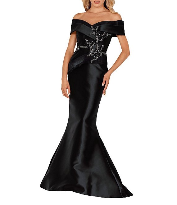 Color:Black Black - Image 1 - Beaded Off-the-Shoulder Mermaid Gown