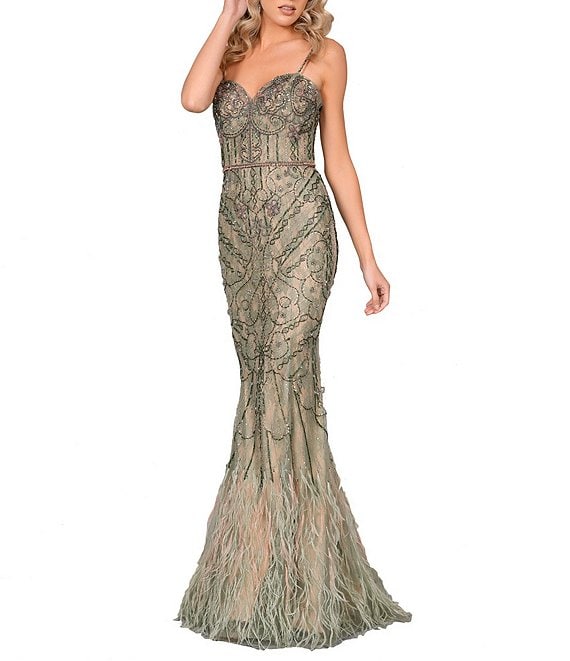 Color:Blush Olive - Image 1 - Beaded Spaghetti Strap Feather Trim Embellished Mermaid Gown