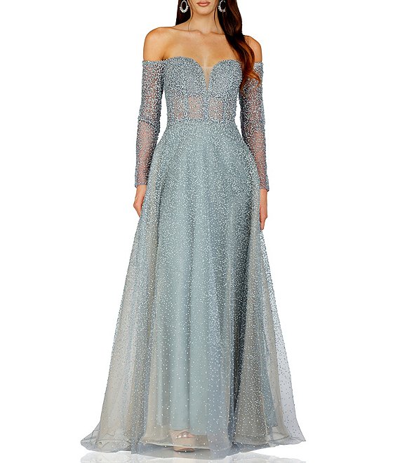 Terani Couture Beaded Sweetheart Neck Off-the-Shoulder Long Sleeve Gown ...