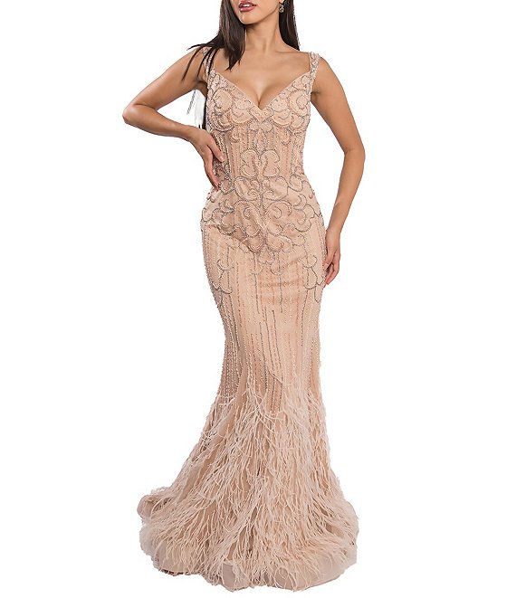 Terani Couture Beaded V-Neck Sleeveless Feathered Mermaid Gown