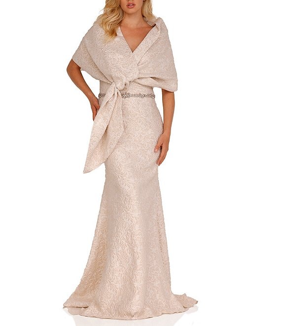 Color:Grey - Image 1 - Brocade Twist Off-the-Shoulder Short Sleeve Beaded Waist Mermaid Gown