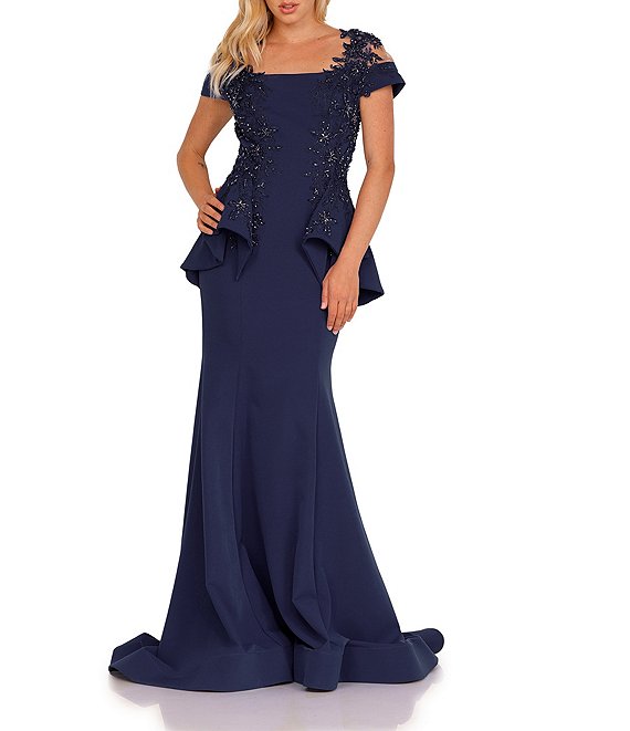 Terani Couture Cap Sleeve Square Neck Beaded Peplum Gown | Dillard's