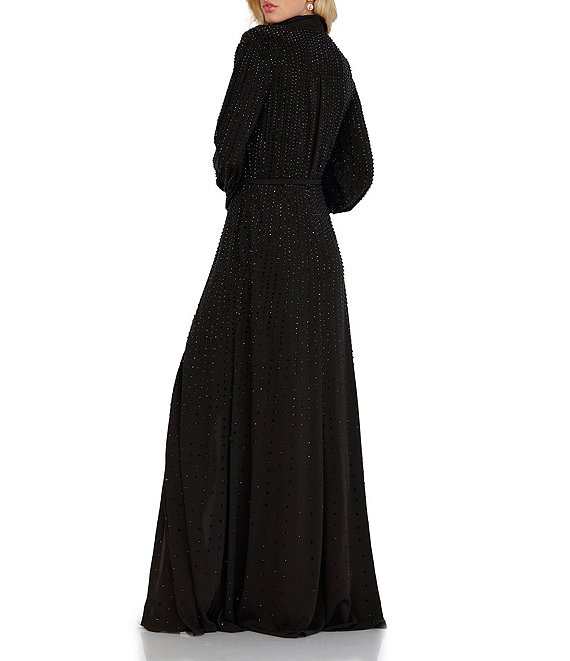 Terani Couture Deep V-Neck Beaded Long Sleeve Front Slit Gown