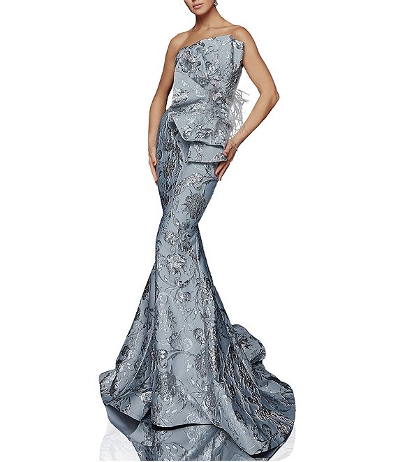 Color:Silver - Image 1 - Feather Beaded Strapless Asymmetrical Neck Mermaid Gown