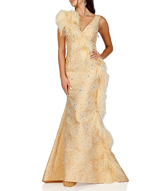 Terani Couture Feather V-Neck Sleeveless Gown | Dillard's