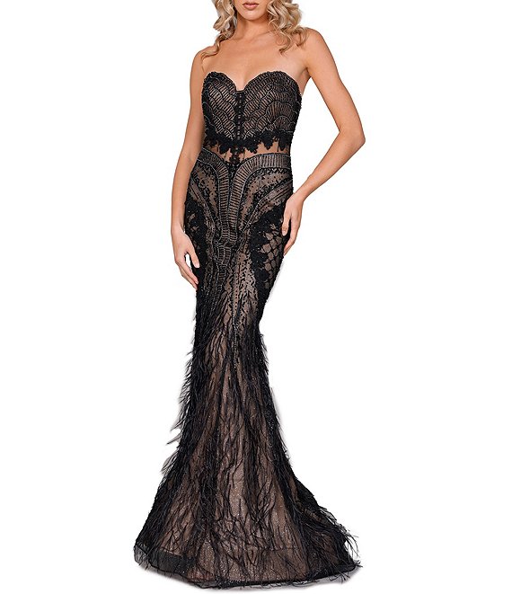 Terani Couture Feathered Lace Strapless Mermaid Gown | Dillard's