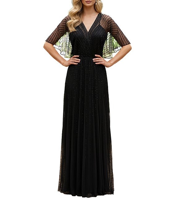 Terani Couture Flutter Sleeve Sequin Mesh Blouson Gown