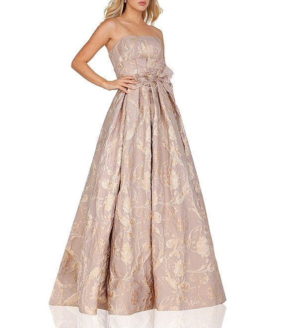 Color:Champagne - Image 1 - Jacquard Strapless A-Line Ballgown