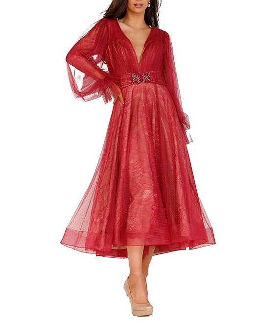 Terani Couture Lace V-Neck Long Sleeve Dress | Dillard's